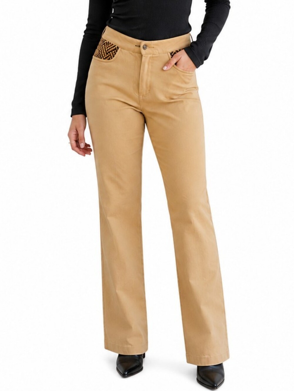 Sheri Bodell Womens Tan Straight Leg Pants Woven Chevron Accents Size‎ 8 Chic